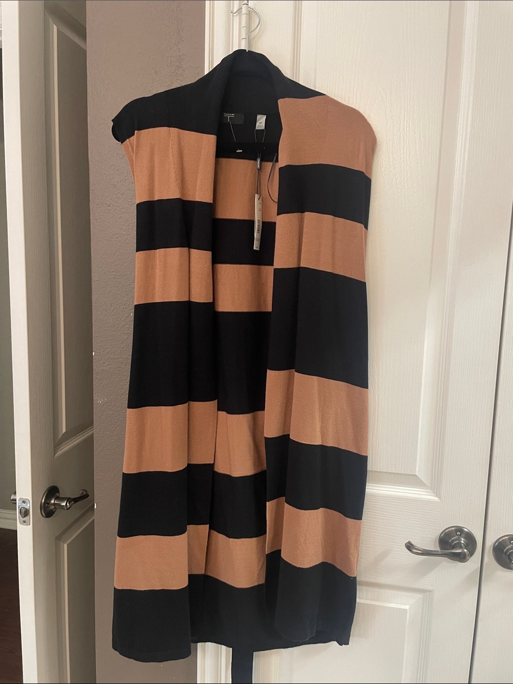 Tahari Black and Tan Striped Long Sleeve Dress